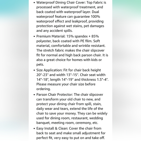 NEW Easy-Going 100% Waterproof Dining Room Chair Cover Set of 4, peacock blue - Picture 6 of 9